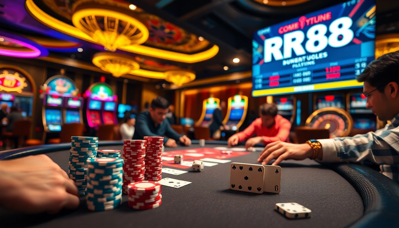 Experience the excitement of high-stakes poker at RR88 with vibrant casino elements.