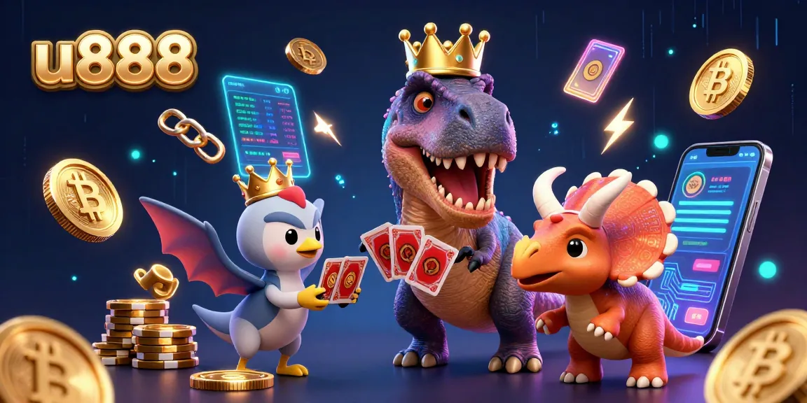Experience thrilling gameplay at u888 with a 3D T-Rex and friends in a vibrant casino scene.