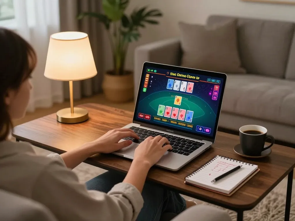 Playing casino games on 78win’s platform in a cozy living room setup.