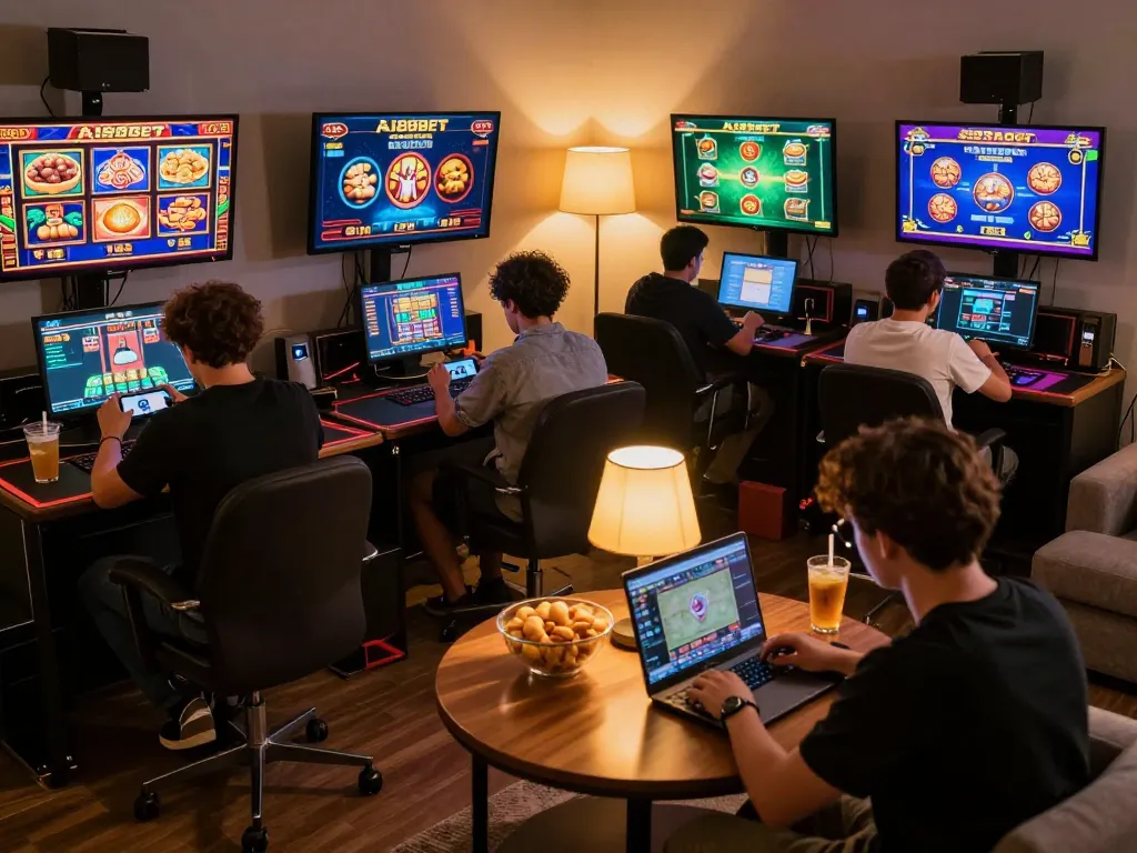 Players engaging in thrilling online gaming action at ai88bet using laptops and smartphones, showcasing interactive moments.
