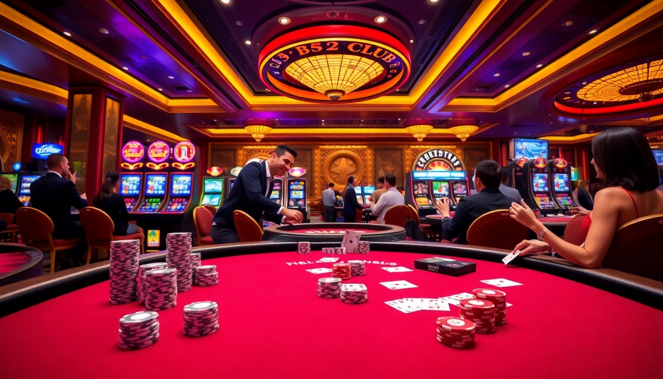 Experience the thrill of B52 CLUB with vibrant poker games and slot machines in a luxurious casino.