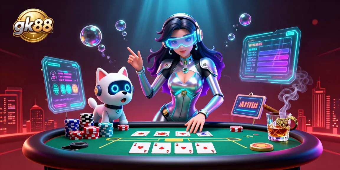 Experience gk88 thrills with a dazzling woman and robot dog at a vibrant poker table.
