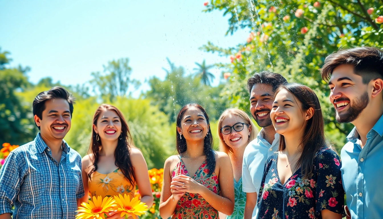 Experience the joy of sunny shower USA inc in a vibrant park with diverse individuals enjoying nature.