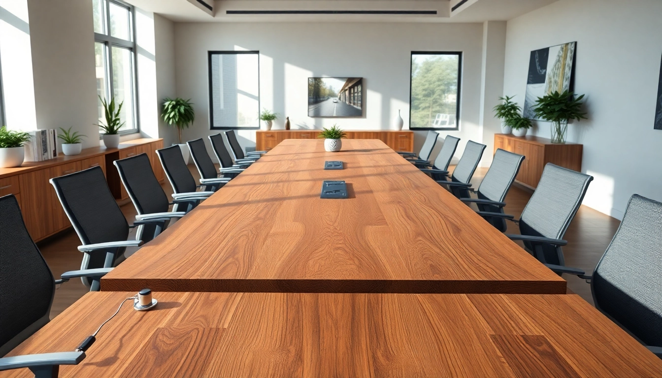 Conference table crafted from solid American hardwood in a modern office setting.