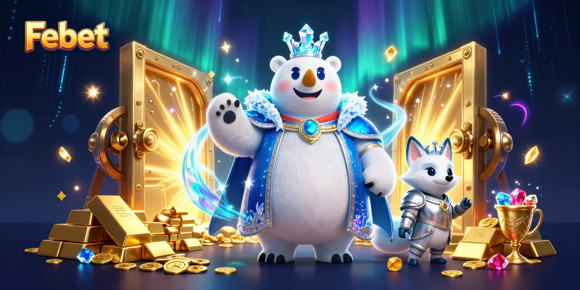 Febet shines as players discover treasure in a vibrant casino scene filled with gold and riches.