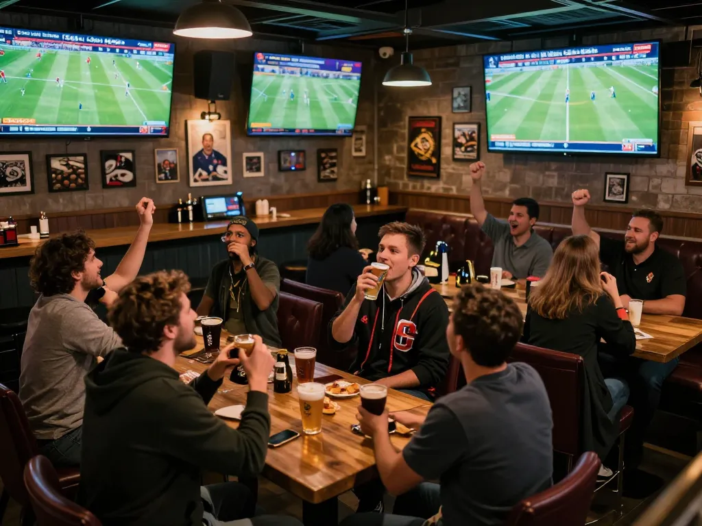 Cakhia fans enjoying live sports, engaging with football matches streamed on large screens in a vibrant sports bar.