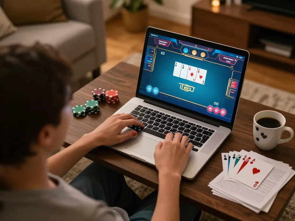 Engaging in an online poker game at home on dn88's platform, showcasing gameplay and strategy notes.