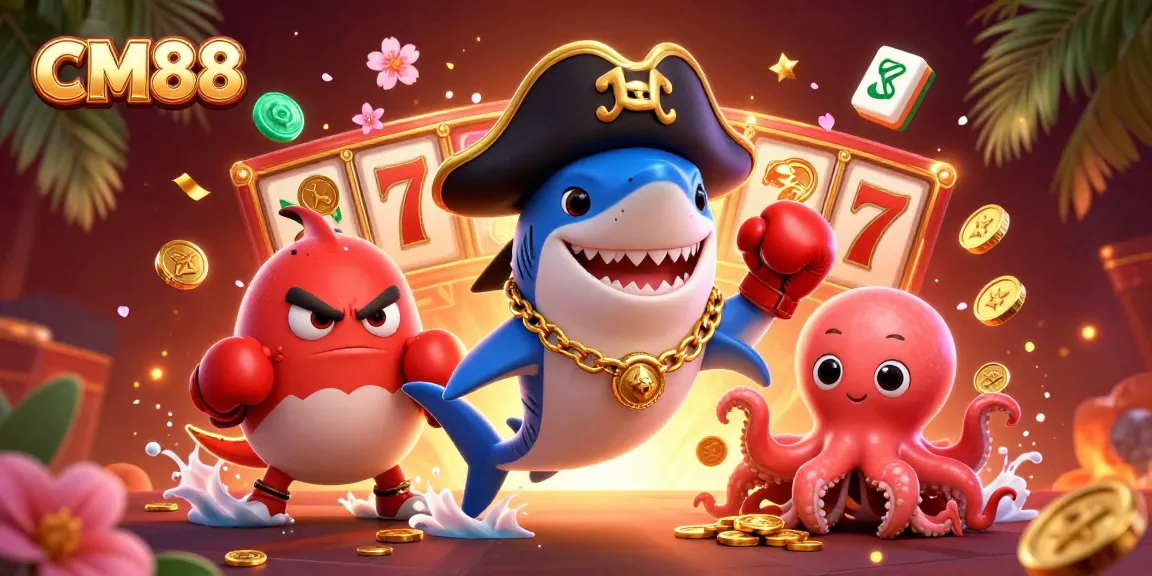 Engage with CM88, where a cartoon pirate shark, pufferfish, and octopus celebrate winning big at slots.