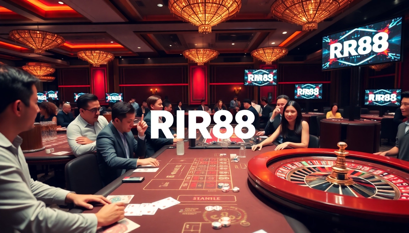 Players enjoying gambling games at an RR88 casino, showcasing excitement and luxury.