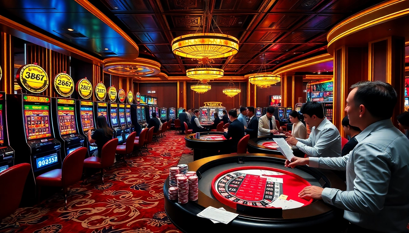 Experience the excitement of Cổng Game DEBET in a luxurious casino setting with vibrant gaming action.