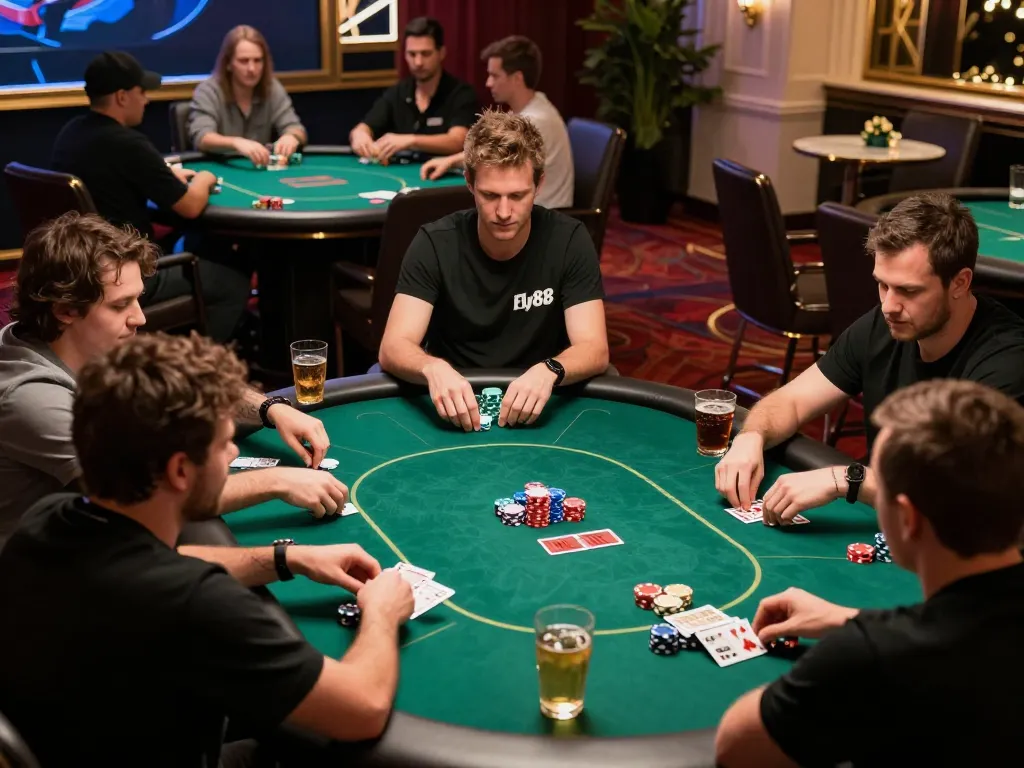 Players at Fly88 engage in a thrilling poker game, showcasing strategy and excitement in a luxurious casino atmosphere.