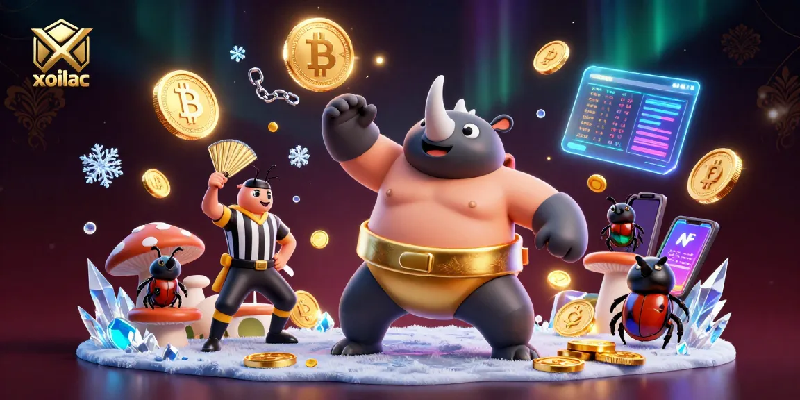 Xoilac's innovative gaming scene featuring a rhinoceros beetle sumo champion and crypto-themed elements.