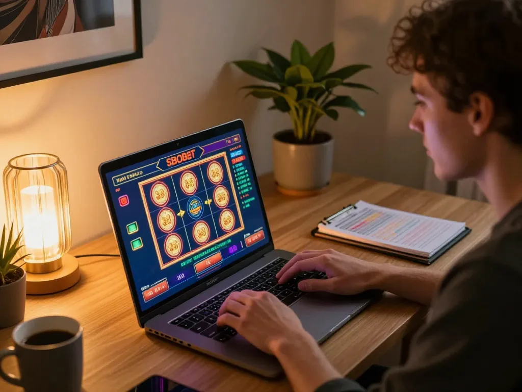 Sbobet player engaged in online casino gaming using laptop with vibrant slot machine interface.