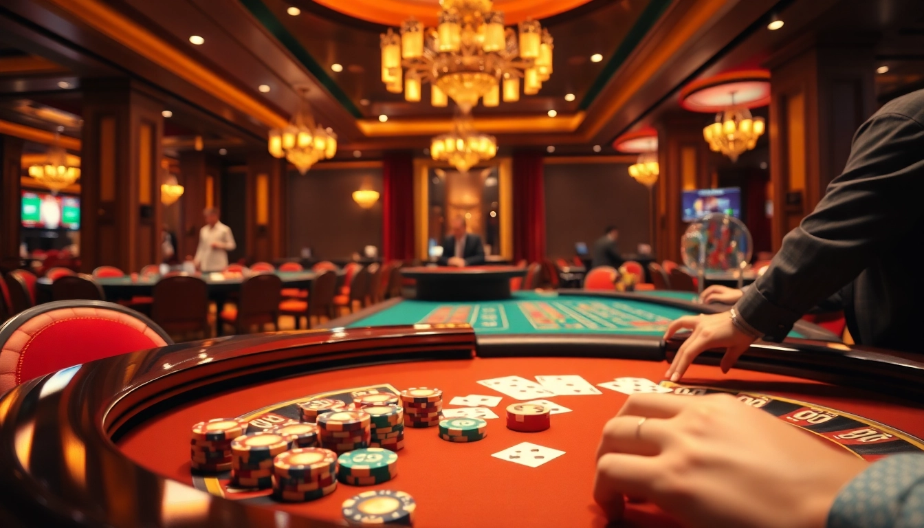 Exciting action at king888.dev, showcasing vibrant casino games with players betting at tables and colorful chips in play.