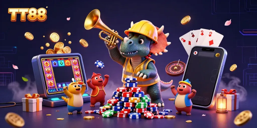 Celebrate winning moments at TT88 with vibrant casino-themed characters and cheerful gaming elements.