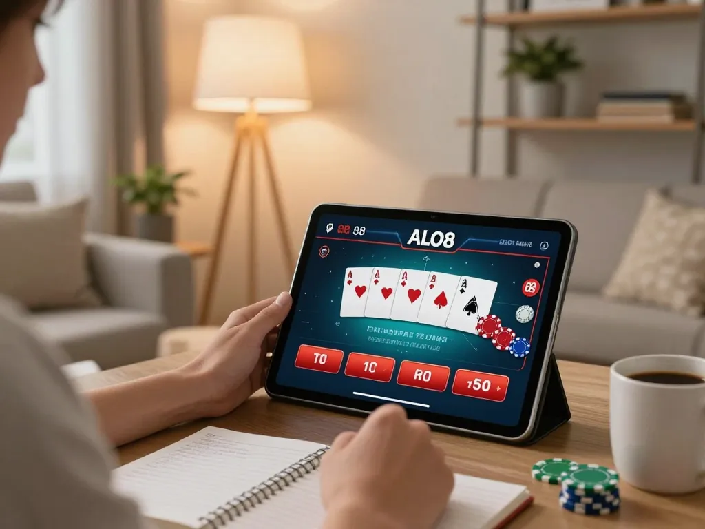 Person plays ALO8 online casino on tablet in cozy living room, showcasing poker strategy.