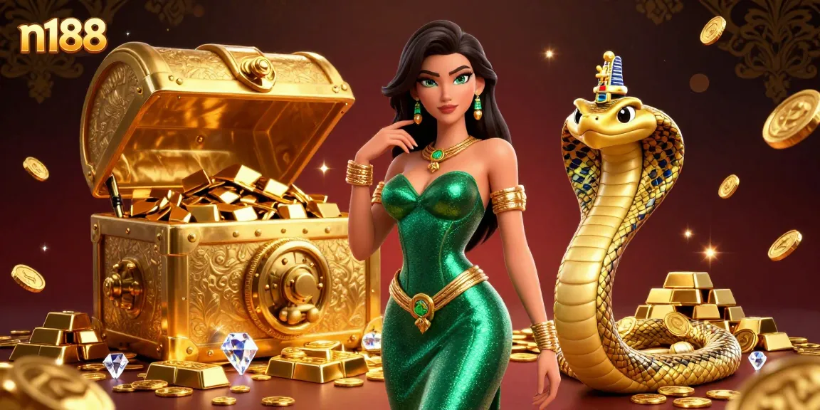 Experience the excitement of n188 with a glamorous gaming scene featuring a captivating woman and a golden cobra.