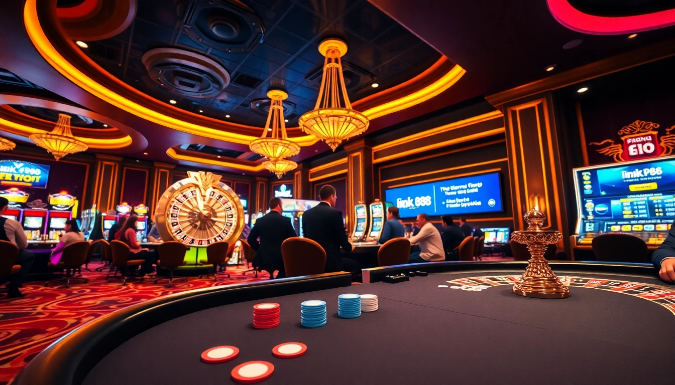 Action-packed casino scene featuring 'link kp88' with players at poker tables and roulette wheels.