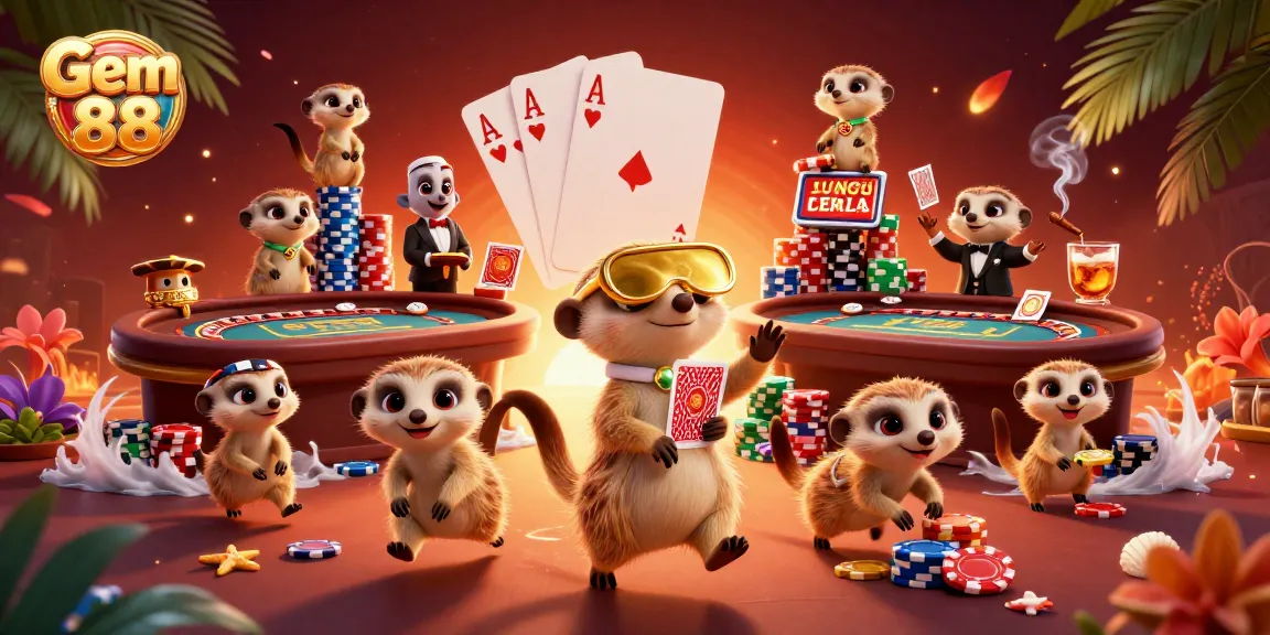 Engage with Gem 88's vibrant casino scene featuring dynamic meerkat dealers and lively gaming elements.