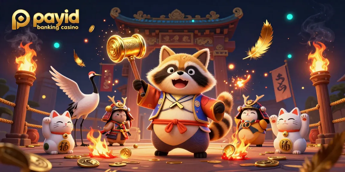 Play at a vibrant payid banking casino with the cheerful tanuki and crane enjoying golden treasures.