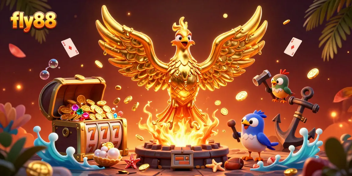 Experience the thrill of fly88's exciting games, featuring a golden phoenix and vibrant casino symbols.