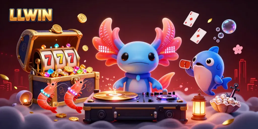 Engaging LLWIN casino scene with axolotl DJ spinning records, vibrant playful gambling elements.
