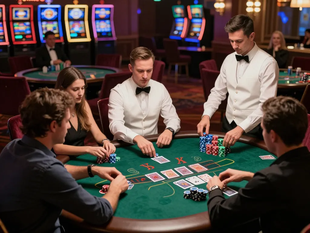 Players strategizing with DA88 blackjack cards and chips at an upscale casino table, capturing the action.