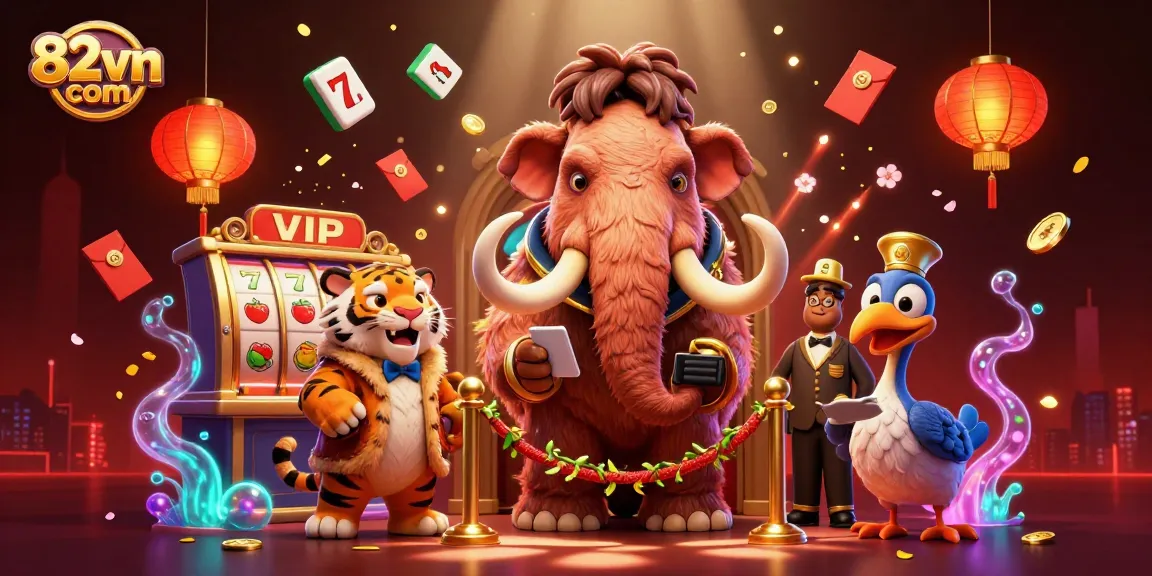 Engage with 82vn com's gaming excitement featuring vibrant characters and 3D slot reels.