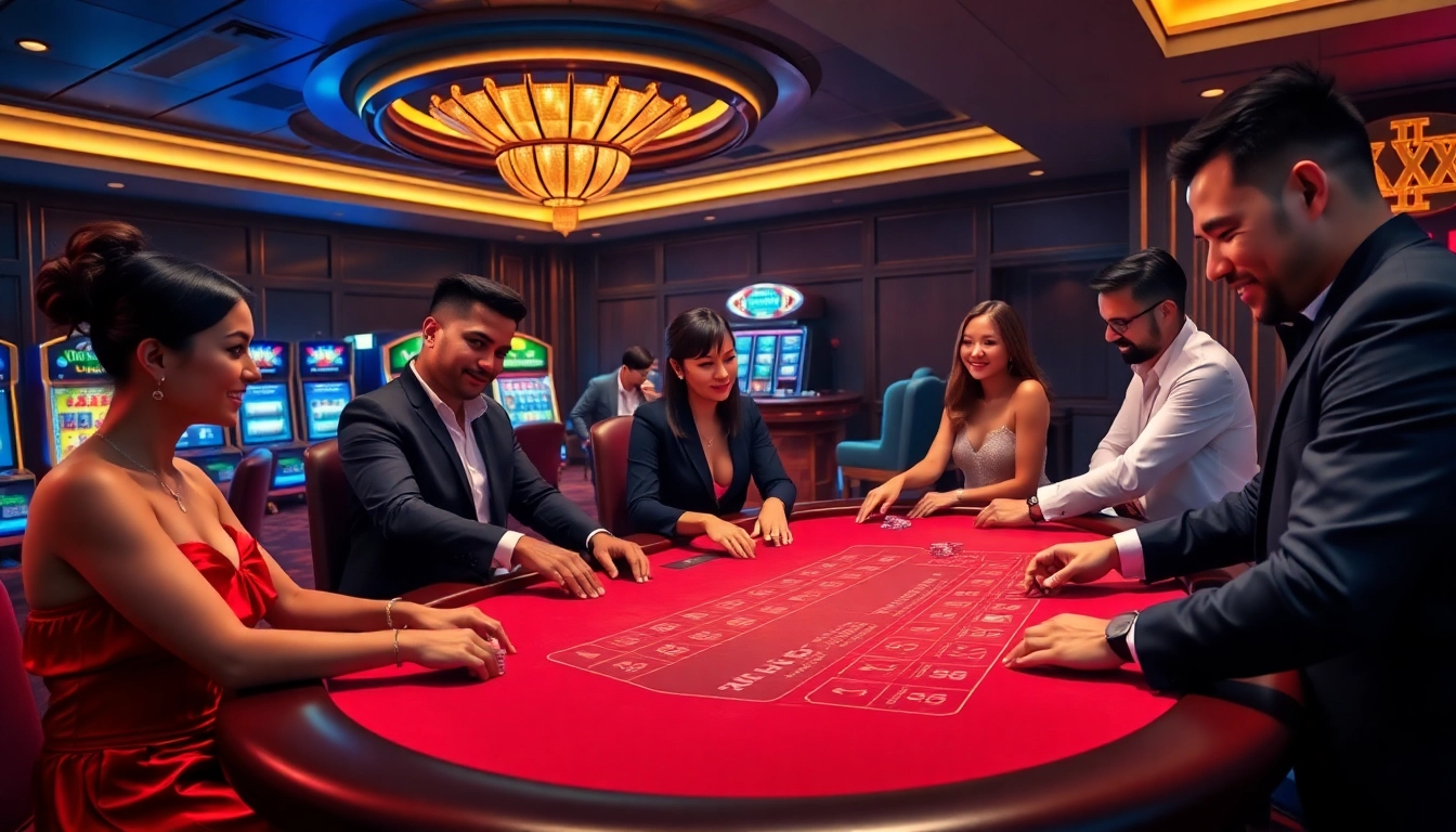 Excited players at a blackjack table in a luxurious casino, showcasing the immersive XX88 COM experience.