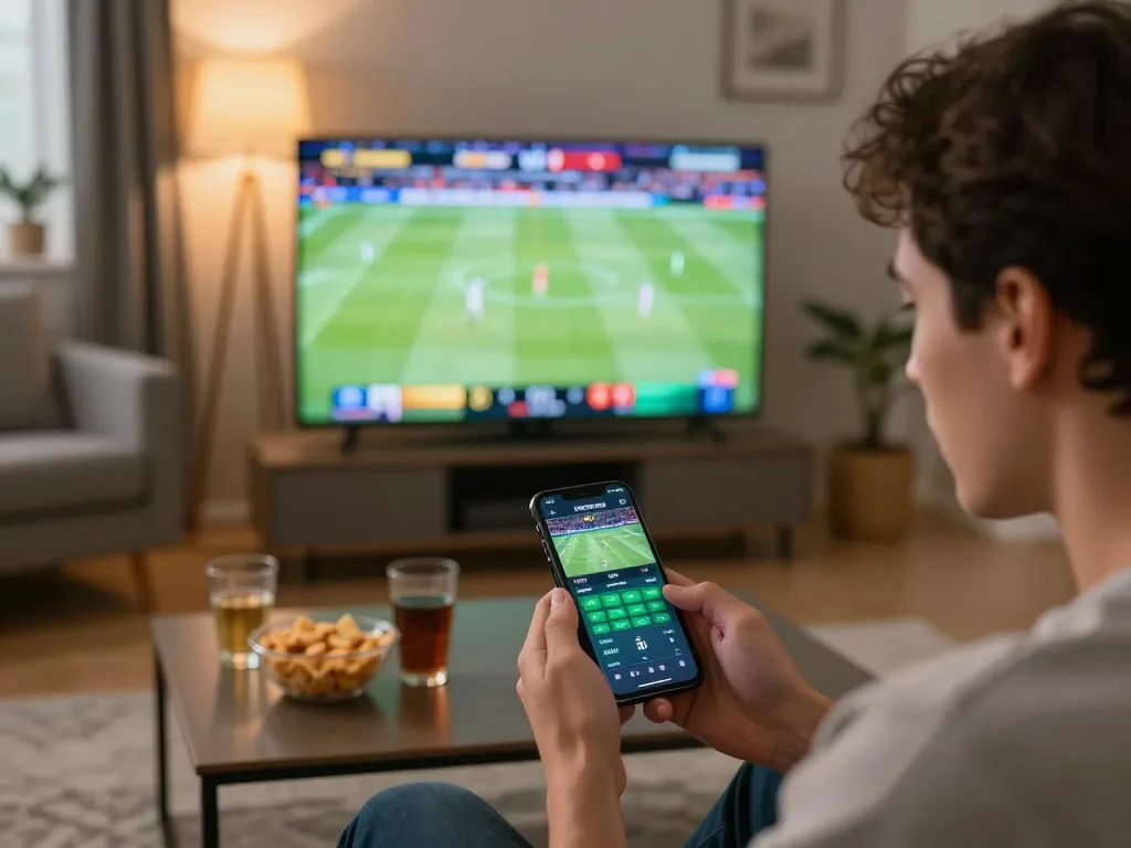 Sports betting action with person engaging in soi keo nha cai using smartphone during a live game.