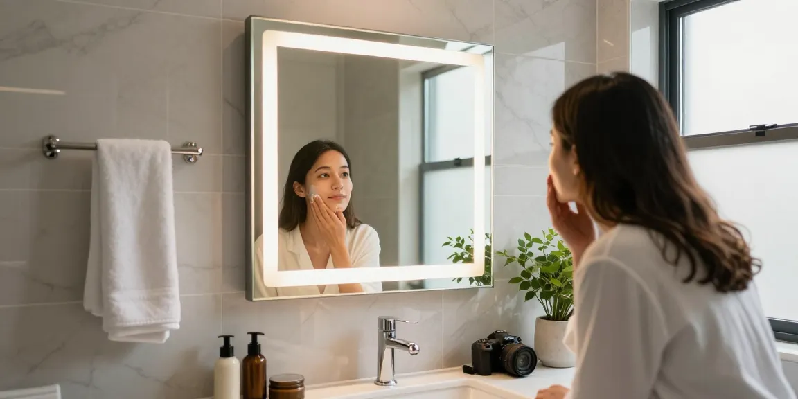 Illuminated hotel bathroom mirror showcasing a person using LED mirror features, emphasizing luxury and style.