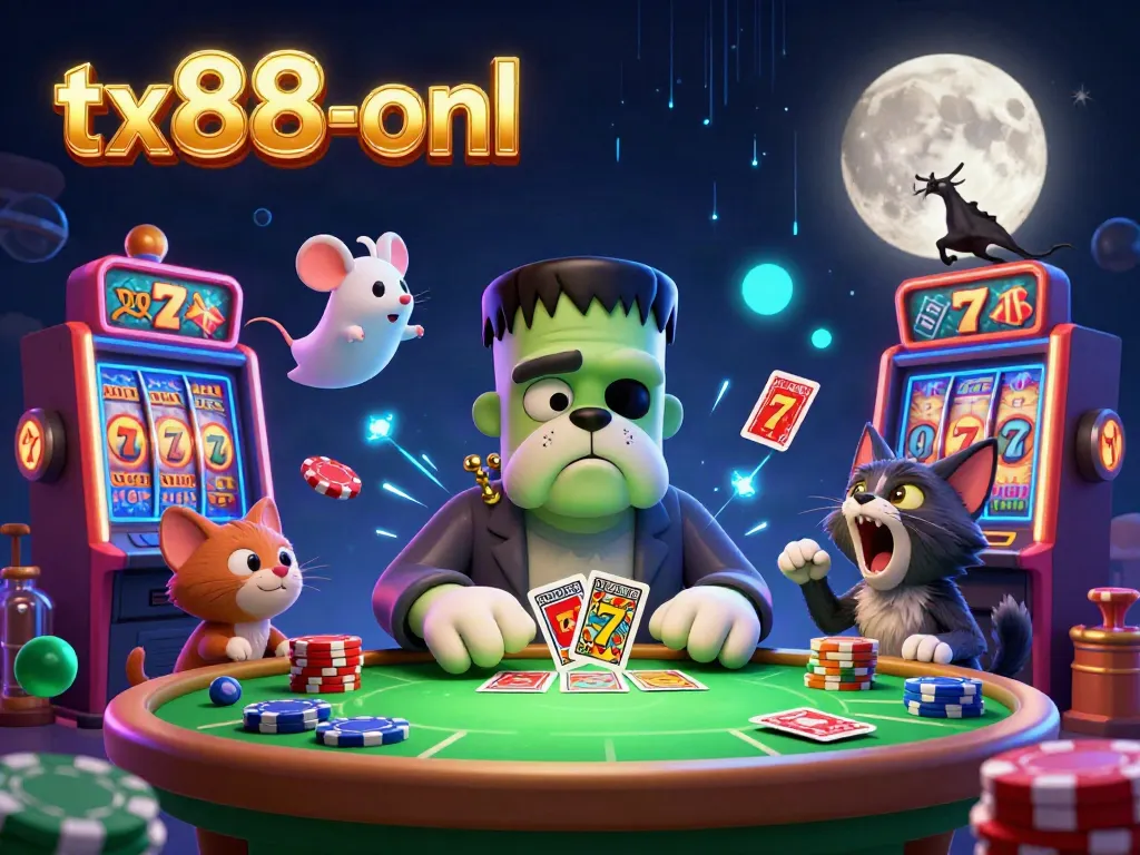 Experience the thrill at tx88-onl with a cartoon monster dealer at a spooky poker table, surrounded by casino elements.