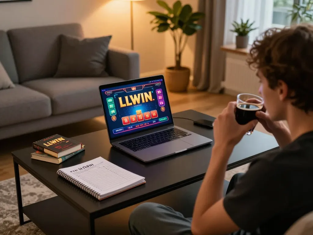 Engage with LLWIN Download on an elegant laptop setup, showcasing vibrant casino visuals.