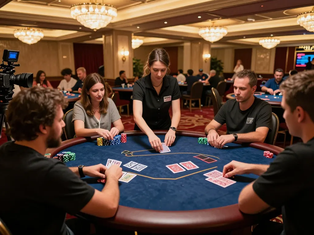 Intense poker game at 78win casino with engaged players and elegant decor.