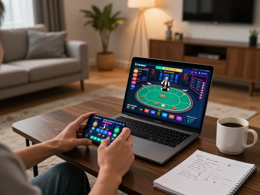 Engaging gameplay on the LC88 mobile casino app in a cozy living room setting