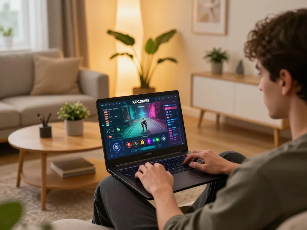 Player engaging with the XOCDIA88 casino platform on a laptop in a cozy home setting