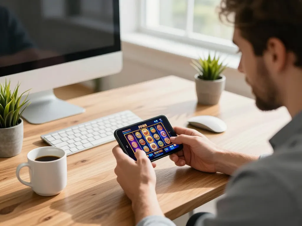 Player enjoying FC88 online gaming experience through a smartphone in a modern home setup