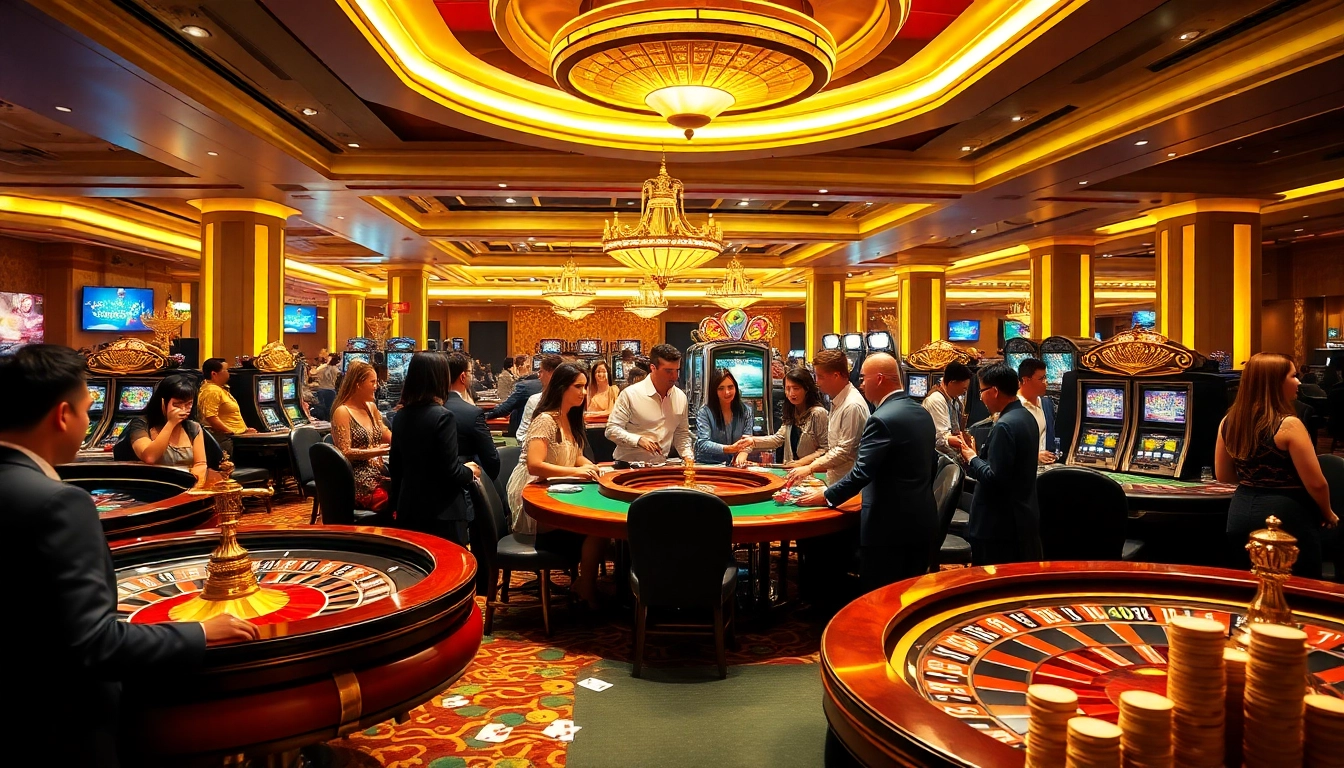 Experience the thrill of SV388 online gambling with players enjoying poker and slot machines in a luxurious casino setting.