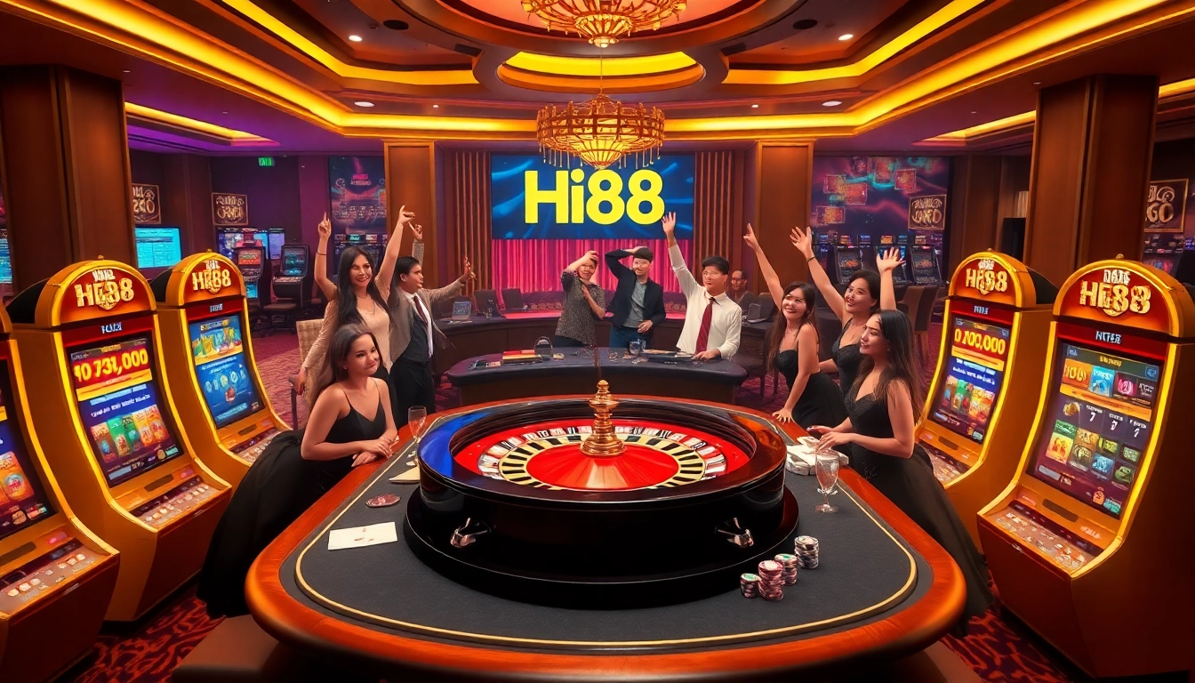 Experience the thrill of gaming at Hi88 with vibrant casino scenes and exciting roulette tables.