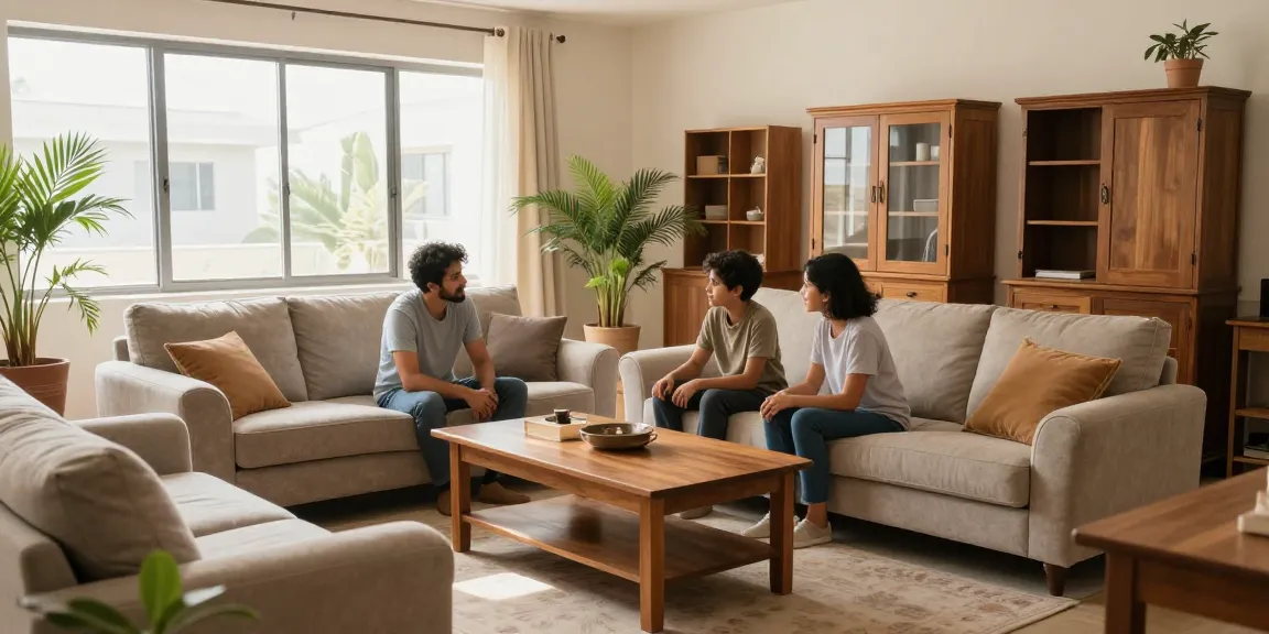 شراء أثاث مستعمل بالرياض مع عائلة تتناقش حول خيارات الأثاث في غرفة معيشة مريحة.