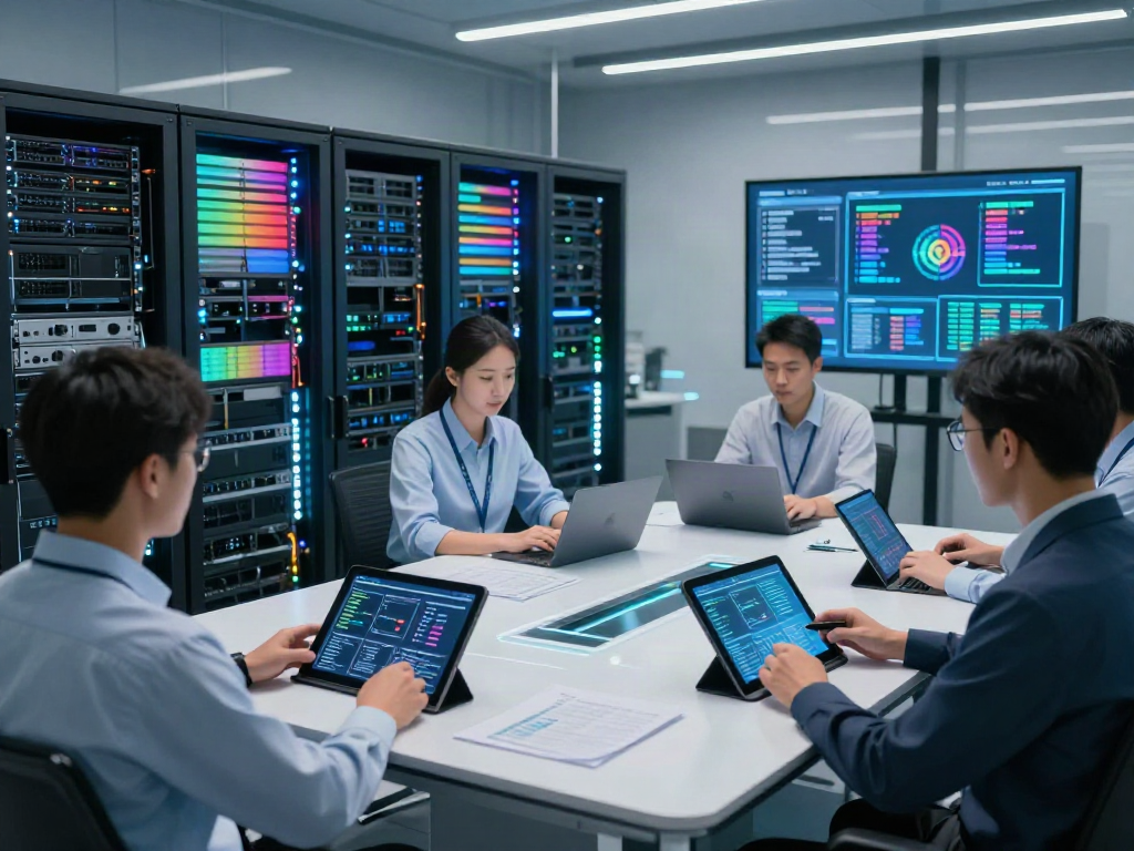Configuration review in a modern data center with engineers assessing cloud security settings and server configurations.