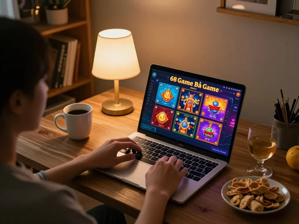 Playing 68 Game Bài online on a laptop in a cozy home setup, showcasing engaging gameplay.