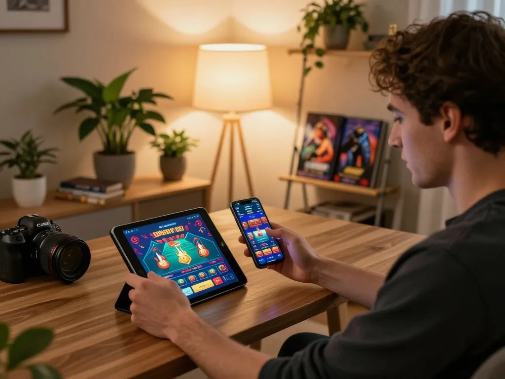Player engaging with F168 VIP online casino app on tablet, cozy home gaming ambiance
