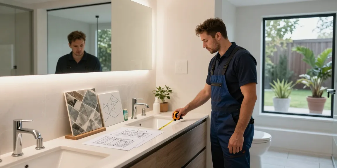Oakville bathroom renovation showcasing a contractor measuring in a stylish, well-lit space with high-end fixtures.