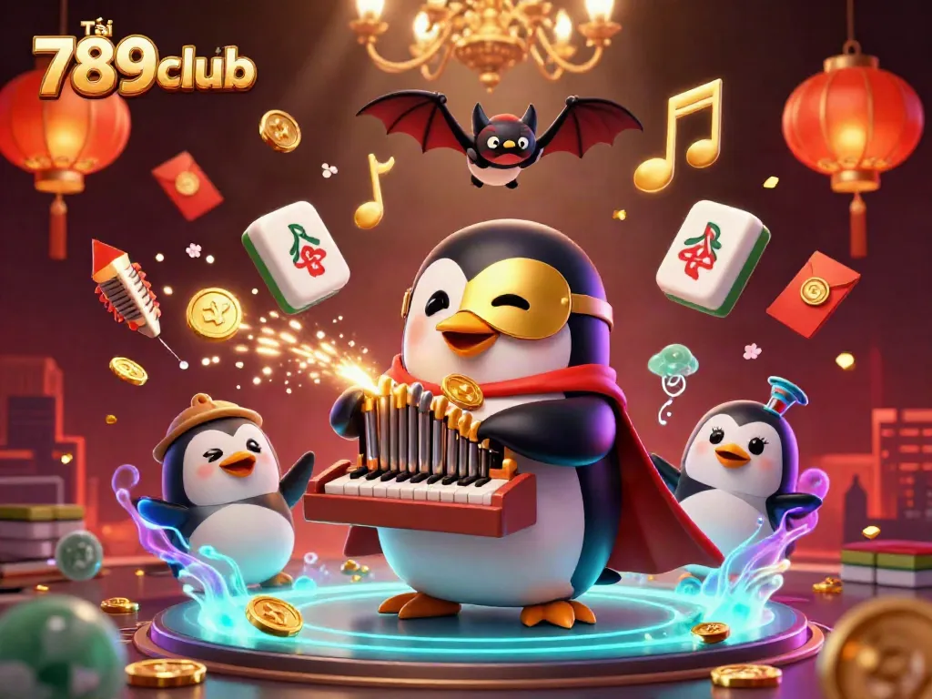 Tải 789club with a majestic penguin organist surrounded by floating game elements.