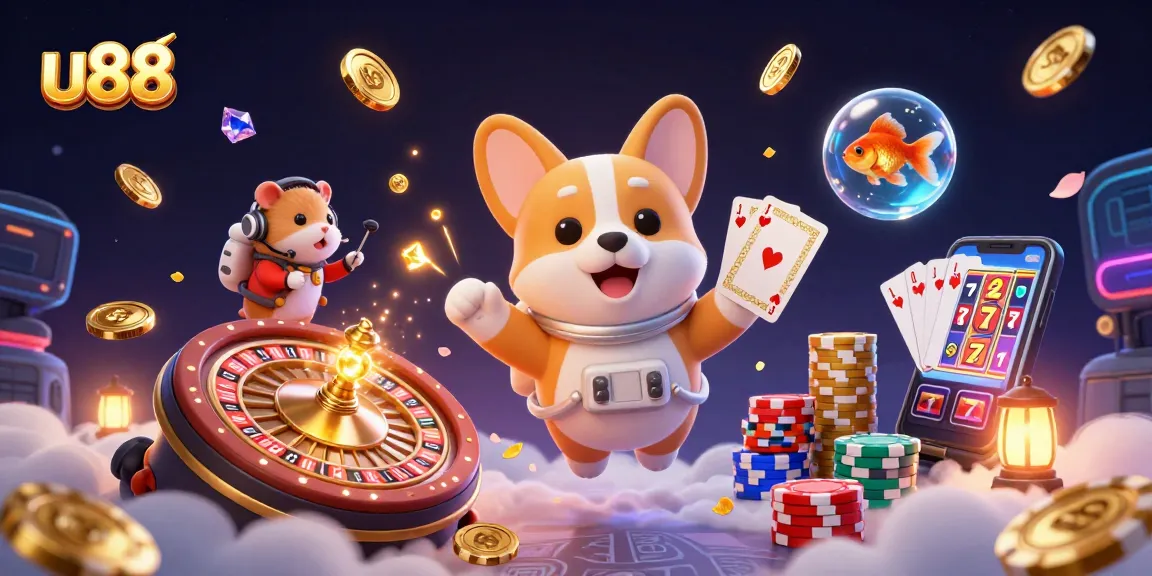 Experience the excitement of u88 with a dynamic 3D casino illustration showcasing games and rewards.