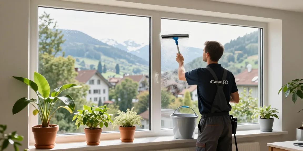Professional fensterreinigung bern service in bright apartment, cleaner using squeegee on large windows reflecting beautiful landscape.