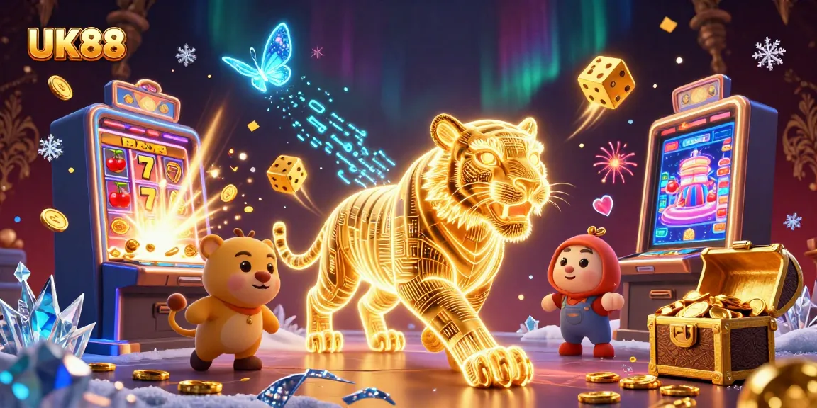 Win big with UK88 at the vibrant casino, featuring a digital scene filled with jackpots.