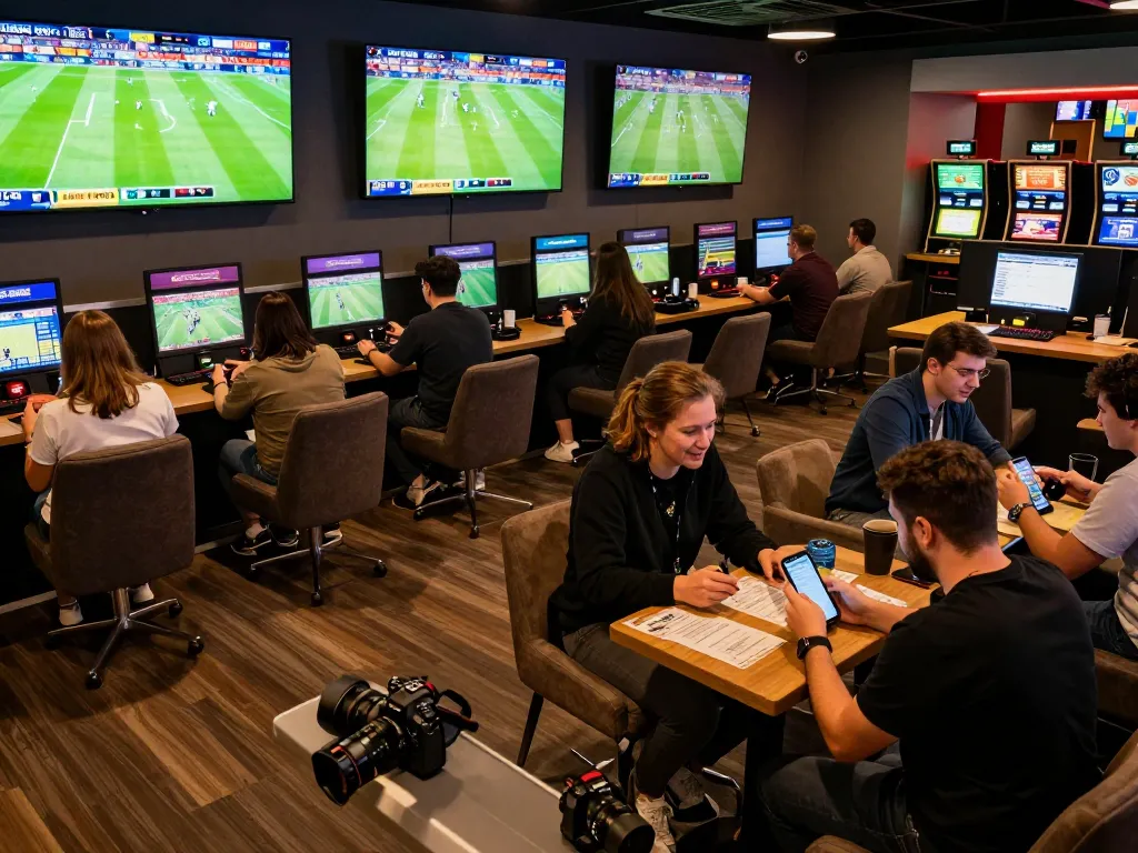 KQBD sports betting lounge with vibrant screens displaying live matches and engaged fans.