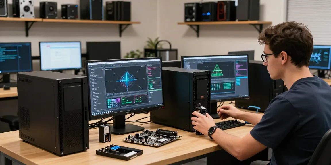 Technician assembling and reviewing refurbished PCs in a modern workspace.